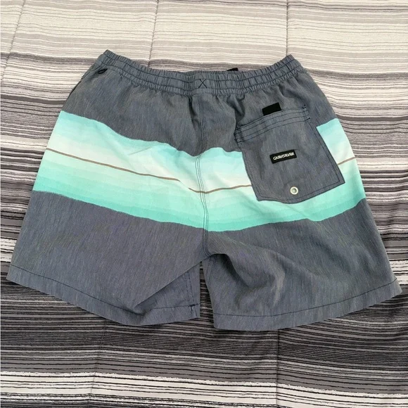 Quiksilver Men's Gray Swim Shorts with Aqua Gradient Stripes - Picture 3 of 7